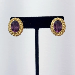 Vintage Richelieu Gold Tone Rope Purple Faux Amethyst Oval Stud Earrings Classic - Picture 1 of 14