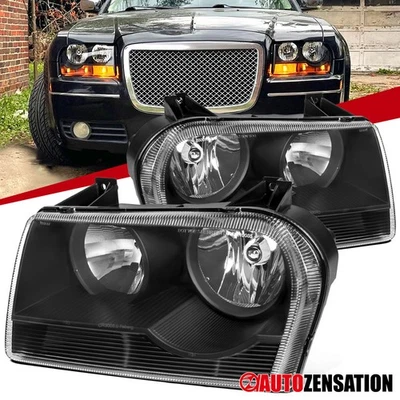 Fit 2005-2010 Chrysler 300 Black Halogen Headlights Headlamps Left+Right 05-10 - Image 1 of 4