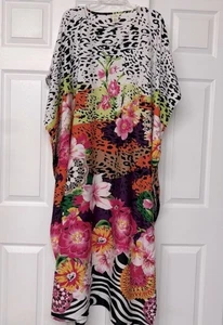 Zigeuner blau mehrfarbig Blumen tropisch Tiermotiv Kaftan Kaftan Morgenmantel fließend Einheitsgröße - Bild 1 von 4