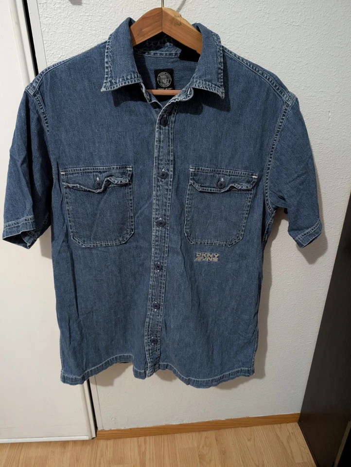 Vintage 90s RARE DKNY Jeans Blue Button Down Shirt Mens Short Sleeve Size Med.  - Image 1 of 4
