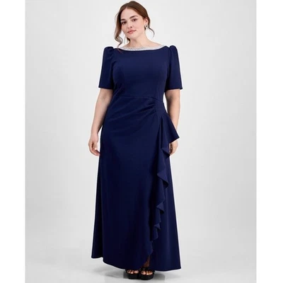 Alex Evenings Navy Blue Embellished Neck Ruffle Gown Dress Plus Size 16 $249 NEW - Image 1 of 4