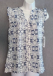 Women's Preppy Avara Courtney Top Blouse NWT Blue & White Floral S Lightweight - Picture 1 of 11
