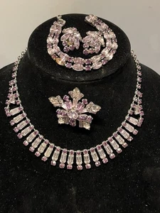 Vintage Rhinestone Necklace, Bracelet, Earrings & Pin Set Amethyst /Clear Color - Picture 1 of 12