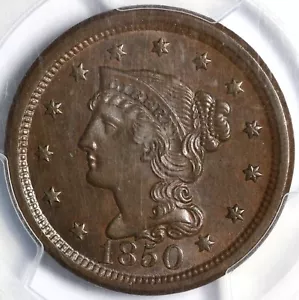 1850 1c N-7 Braided Hair Large Cent PCGS MS 63 BN - Picture 1 of 5