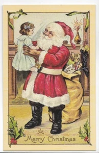 MODERNER NACHDRUCK, FROHE WEIHNACHTEN POSTKARTE, WEIHNACHTSMANN mit SACK, HÄLT KLEINES MÄDCHEN 1992 - Bild 1 von 1