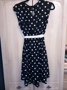 Maternity dress. Size 10. Black + white polkadot. Stretch waist with white belt - Picture 1 of 2