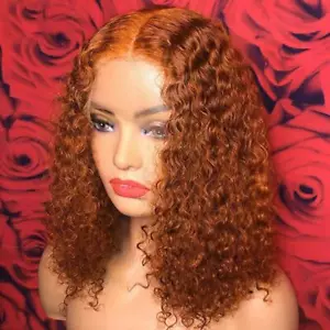 Bob Orange 100% Human Hair Lace Front Wigs Short Wigs Kinky Curly  - Picture 1 of 11