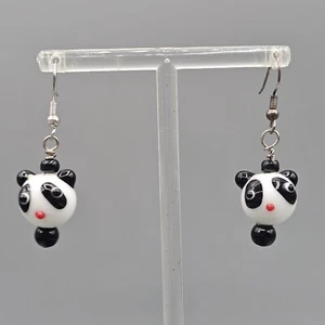 Panda Art Glass Earrings Pierced Ear Dangle Kawaii Bead Head - Imagen 1 de 7