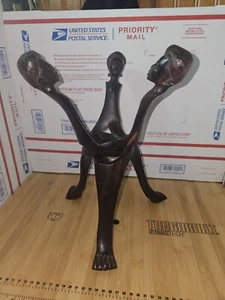 Vintage Tribal Men/Woman Sculpture Hand Carved 3 Wooden Interlocking African Art - Picture 1 of 2