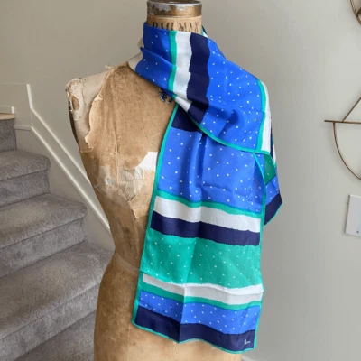 复古 20 世纪 70 年代 Vera Neumann 蓝色条纹圆点印花 100% 真丝长疤痕 — 第 1/4 张图片