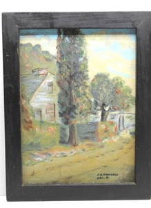 Vintage 9 x 12" Holz gerahmt Öl Dorf Straßenszene F.B. Randall Hal K Gemälde - Bild 1 von 5