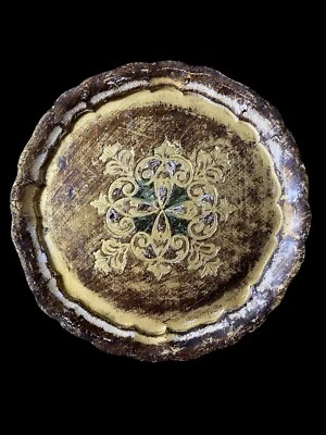 Bandeja florentina vintage italiana de madera yeso redonda 9 1/2" Foto 1 de 2