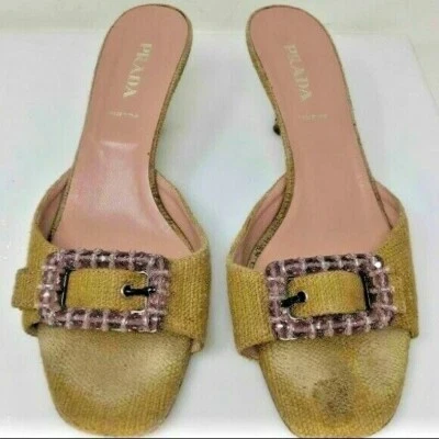 Auténtico tacón de gatito con punta abierta Prada dorado/amarillo/bronceado certificado con hebilla rosa Foto 1 de 4