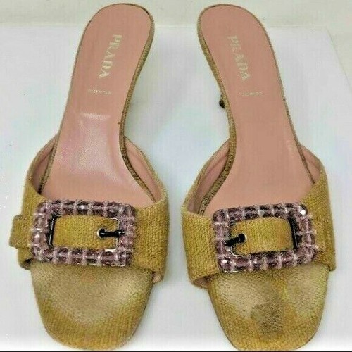 Talon de chaton à bout ouvert authentique certifié Prada or/jaune/brun avec boucle rose