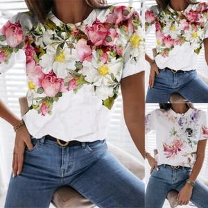 Women Summer Floral Print Loose T-Shirt Top Casual Short Sleeve Tunic Blouse Tee - Picture 1 of 11