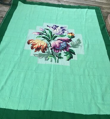 Винтажный крючком зеленый цветочный афганский бабушка квадратный ручной работы одеяло плед 58 x 71 - Изображение 1 из 4