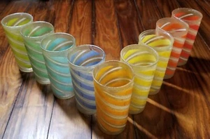 Vtg Candy Stripe Frosted Texture Multicolor Tumbler Glasses MCM Set 9 RAM - Picture 1 of 16