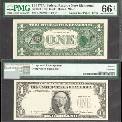 $1 1977-A FRN Natick Test Paper with Overprint on Back Error PMG Gem Unc 66 EPQ - Image 1 of 2