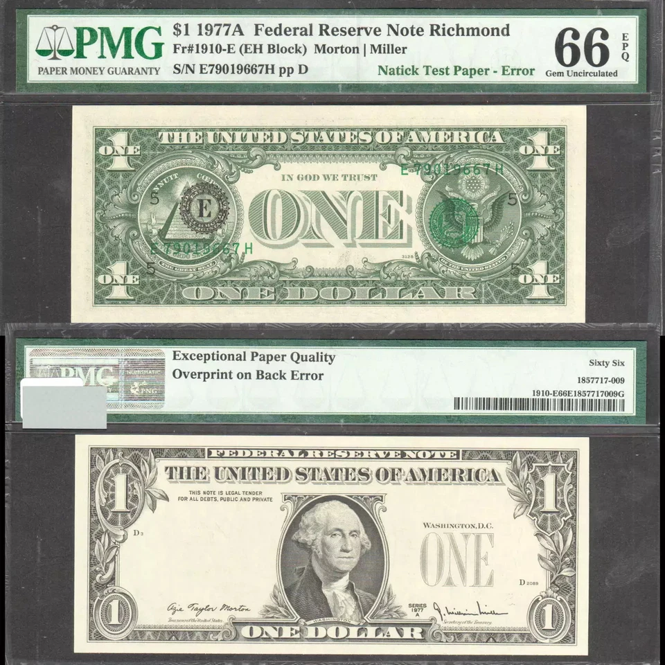 $1 1977-A FRN Natick Test Paper with Overprint on Back Error PMG Gem Unc 66 EPQ - Image 1 of 2