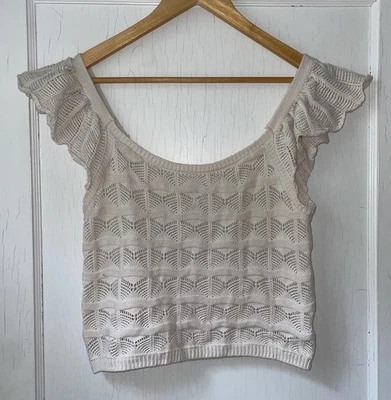 Jessica Simpson 钩针编织开口针织大圆领作物上衣米色波西米亚节日 L — 第 1/4 张图片