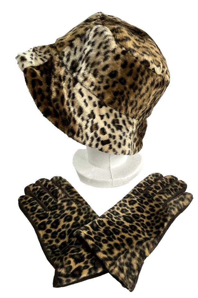 Kenneth Cole Reaction Women's Leopard Print Bucket Hat & Gloves Size Sm/Med Vtg - Image 1 of 4