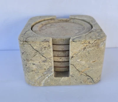 Hermoso Juego de Posavasos de Mármol Beige Tostado 6 Piezas Soporte de Respaldo de Terciopelo Redondo Cuadrado Foto 1 de 4