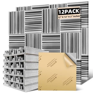 Acoustic Foam panelsSelf-Adhesive Sound Absorbing 2X12X12 Inches-12pack Gray - Picture 1 of 7