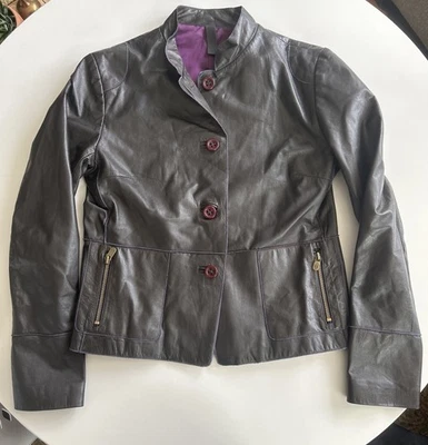 Abrigo Cuero Cuero Cuero Vacuno Vintage Negro 1970 Bolsillos Pequeño Forrado Púrpura Foto 1 de 4