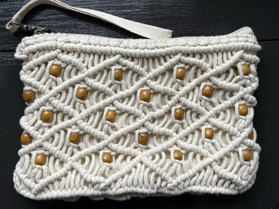 Bolso sin asas con cuentas de madera de ganchillo de macramé blanco crema Foto 1 de 4