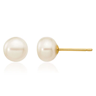 14K Solid Yellow Gold 6mm White Button Freshwater Cultured Pearl Stud Earrings - Image 1 of 4