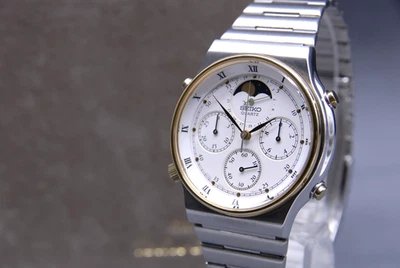 [N MINT+++ w/Box] SEIKO 7A48-7000 Moon Phase Chronograph White 39mm QZ Men Watch - image 1 of 4