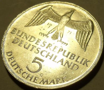 Large Unc Silver Germany 1971-G Five Mark~Foundation Of German Empire~Free Ship - Image 1 of 2