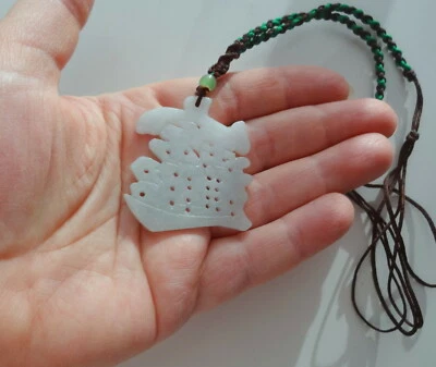 Chinese Natural Translucent Icy White Green Jade Good Luck Pendant Rope Necklace - Image 1 of 4