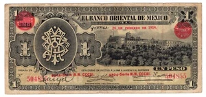 MEXICO BANCO ORIENTAL PS-388a.1 1 Peso 1911 26 Febrero 1914 Red Circle Mark - Picture 1 of 6