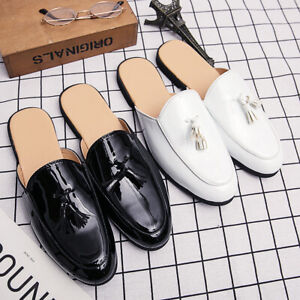 Men's Tassel Casual Half Slippers Slip On Slides Mules Patent Leather Lazy Shoes