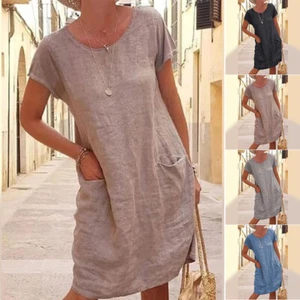 Womens Summer Cotton Linen Midi Dress Ladies Casual Loose Solid Pocket Dress * - Picture 1 of 17