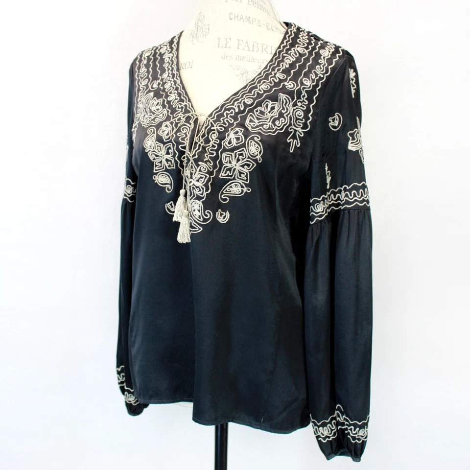 Blusa Nanette Lepore Vintage Designer Label Y2K Bordada Seda Negra Talla 2 Foto 1 de 4