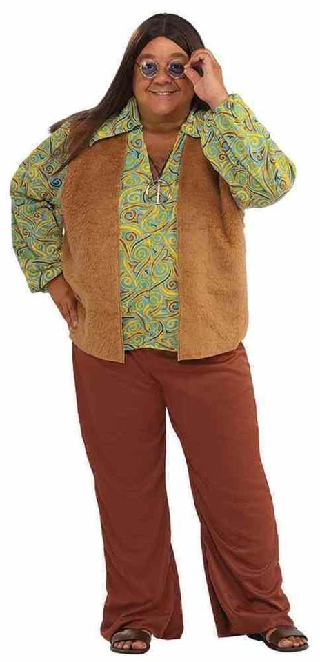 Disfraz Hippie Para Hombre Años 60 2 Piezas Marrón Pantalones y Camisa Estampada Con Chaleco Adjunto Plus Foto 1 de 1