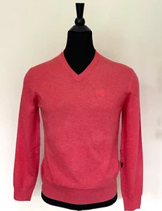 New HUGO BOSS Sweater Logo V neck Pink Red Wool Pullover XL size - Picture 1 of 7