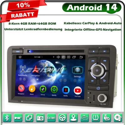 Android 14 8-Kern 64GB GPS Autoradio DVD Navi für AUDI A3 S3 RS3 RNSE-PU DAB+DSP - Bild 1 von 4
