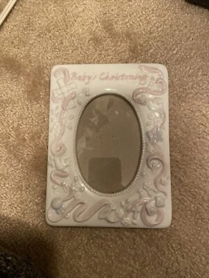 Russ Baby's Christening Picture Frame Gift Ceramic Girl Pink White Cross Roses  - Image 1 of 4