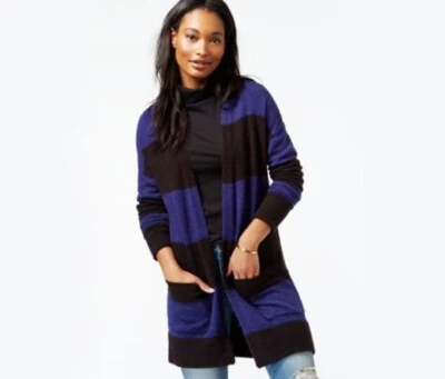 Cardigã Maison Jules suéter listrado médio frente aberta safira brilhante preto - Imagem 1 de 4