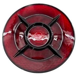Vintage Luminarc Ruby Red Glass Plate Geometric France Relish Dish 10" Candy - Picture 1 of 6