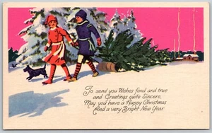 Christmas Boy & Girl Bring Home Christmas Tree Toboggan DB Postcard - Picture 1 of 2