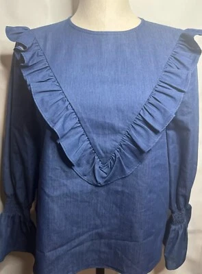 English Factory Nordstrom 荷叶边长袖衬衫蓝色全新无标签  — 第 1/4 张图片