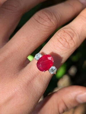 Кольцо трилогии из розового золота 14 карат с натуральным красным рубином бриллиантом 5,40 карата с тремя камнями клапан 12 карат - Изображение 1 из 4