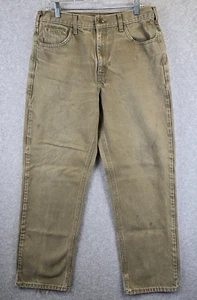 Carhartt Pants Mens 33x30 Dark Khaki Canvas Distressed Thrashed Utility Workwear - Picture 1 of 18