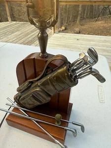 Golfer Lamp Vintage Metal Clubs Wooden Back No Lamp Shade Golf Table Lamp - Picture 1 of 21