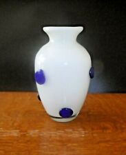 Vintage Mid Century White Incased Glass with blue applied dots Art Glass Vase
