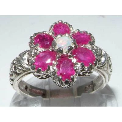 Solid English Sterling Silver Ladies Fiery Opal & Ruby Art Nouveau Flower Ring - Image 1 of 3